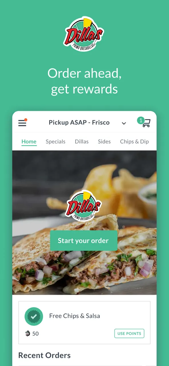 App Store flow in Dillas Quesadillas Rewards